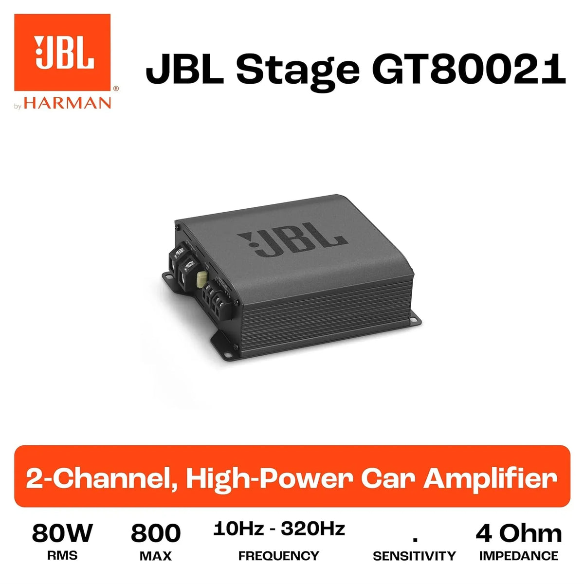 JBL Stage GT80021 2-Channel Car Amplifier | 800W Peak | 260W RMS Bridged | 130W RMS x2 @ 2 Ohm | Compact Class-D Amplifier