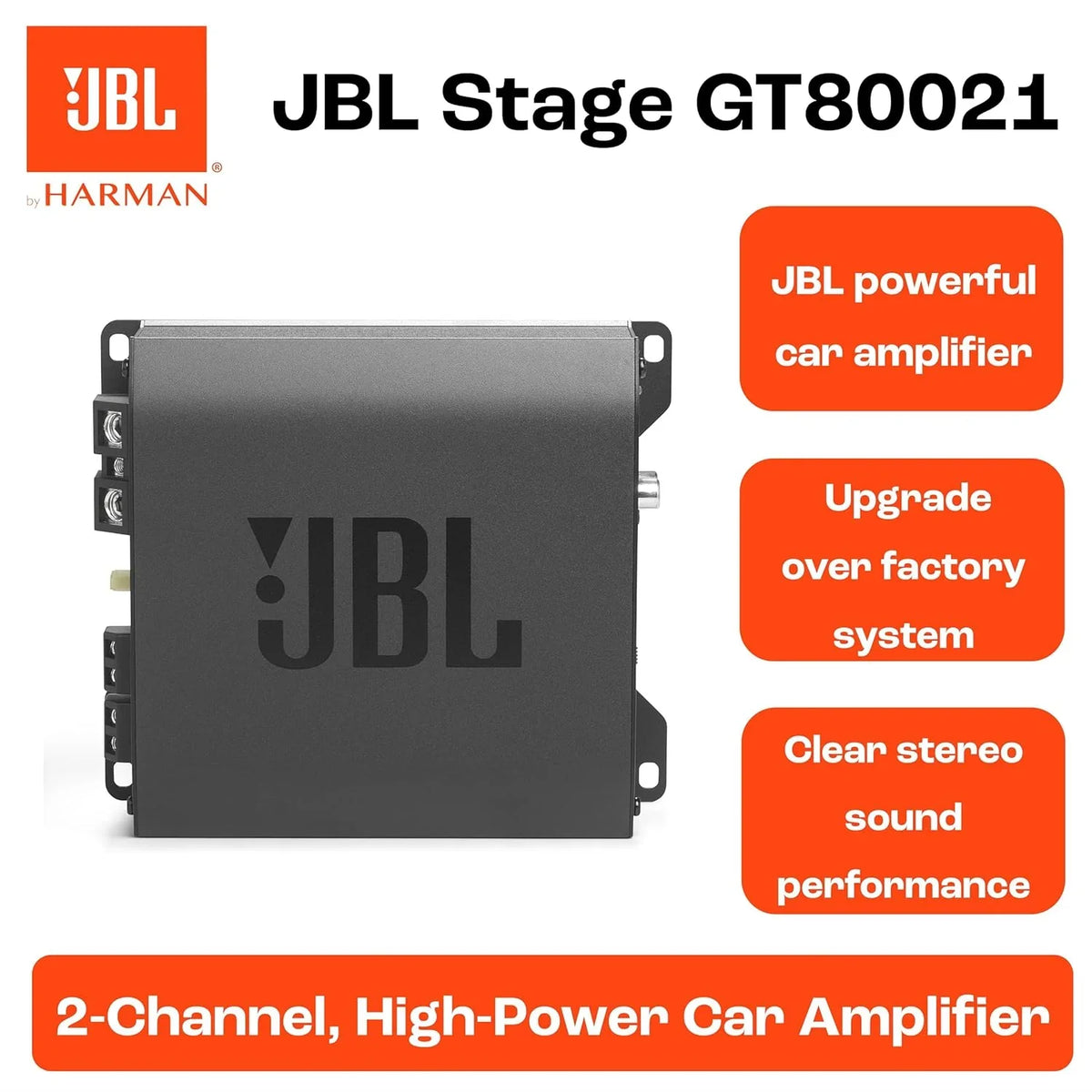 JBL Stage GT80021 2-Channel Car Amplifier | 800W Peak | 260W RMS Bridged | 130W RMS x2 @ 2 Ohm | Compact Class-D Amplifier